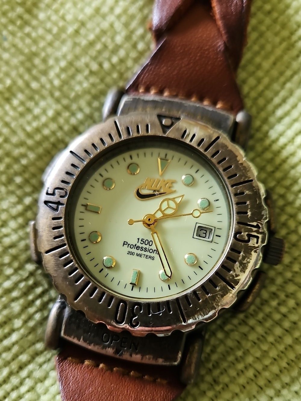 Nike White Dial Bronze-Tone Dive Watch with Brown Leather Strap
